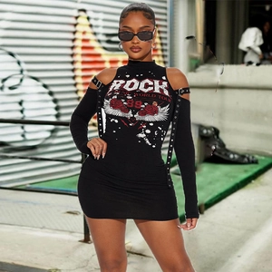 Cold-shoulder rock music print bodycon dress with metal eyelet strap details in black