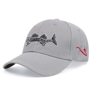 Grey baseball cap with black fishbone embroidery and side logo on breathable twill fabric