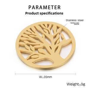 Macro detail of a 35mm golden tree of life pendant crafted in polished stainless steel