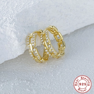 Golden S925 sterling silver chain link hoop earrings with sparkling zircon stones