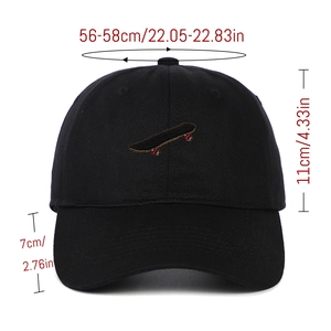 Detailed measurement guide for black baseball cap with skateboard embroidery and dimensions