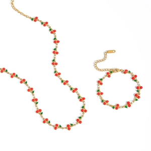 Charming 18K gold plated stainless steel jewelry set with red cherry pendants