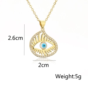 Detailed size chart of 18K gold plated evil eye pendant with crystal inlay and blue eye