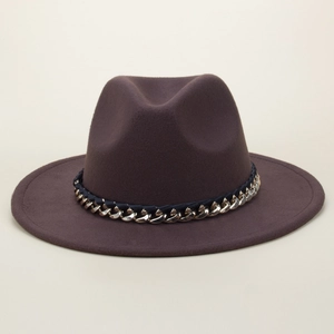 Classic dark brown wool fedora hat featuring a decorative silver metal chain band