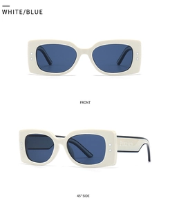 Front and 45-degree angle detail of retro beige rectangle sunglasses with blue lenses