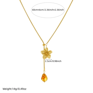 Adjustable gold flower pendant necklace with amber stone on a 60cm snake chain