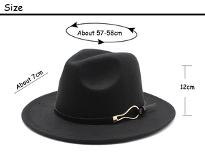 Detailed size chart for the black wool fedora hat with a golden buckle and fine band