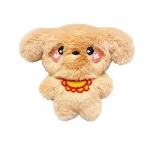 Cute brown plush puppy toy with yellow collar, soft small dog doll on white background