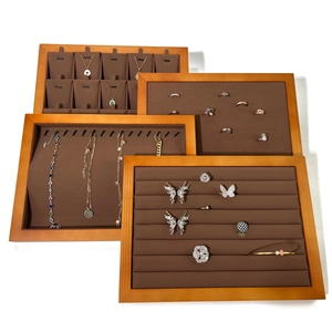 Walnut finish jewelry display tray set with brown velvet lining for rings and necklaces