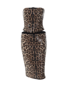 Ensemble deux pièces léopard scintillant avec bustier sans bretelles et jupe midi pailletée