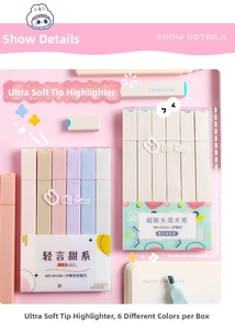 Detail of soft tip highlighters in Morandi tones with six pastel colors for marking
