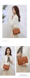 Detail shots of brown quilted chain shoulder bag with gold metal square clasp