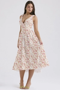 Close-up of the elegant V-neckline and pink floral print on a white summer maxi dress
