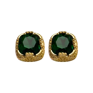Vintage gold-plated stud earrings featuring emerald green square-cut cubic zirconia