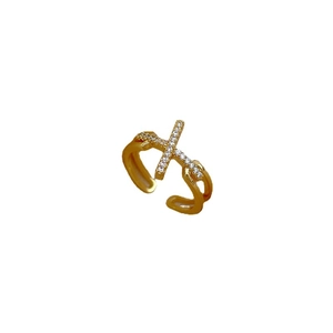Adjustable gold plated double layer ring with sparkling pavé crystal cross design