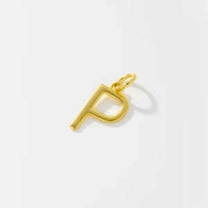 Detailed view of a polished gold P-letter pendant charm with a sleek metal finish