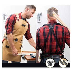 Khaki canvas work apron with tool pockets and cross-back straps for carpenters and barbers