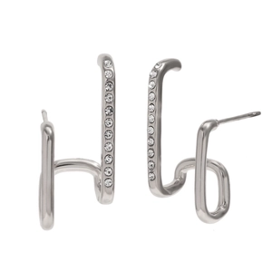 Asymmetric double-layer silver earrings with white zircon in 18K gold-plated steel