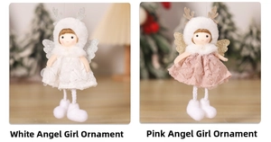 Detailed view of plush angel tree hanging ornaments in white and pink with lace and glitter