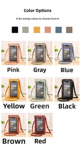 Touchscreen crossbody phone bag in eight colors with transparent window and strap