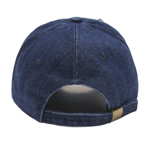 Back view of a vintage dark blue denim baseball cap with an adjustable metal buckle