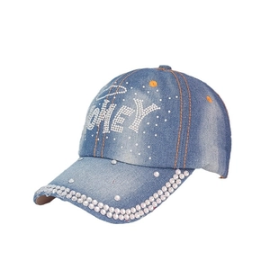 Denim baseball cap with rhinestone HONEY lettering and stylish light blue wash finish