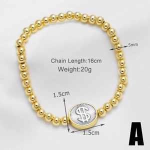 Detail showing 18k gold beaded bracelet with dollar sign charm, 16cm length and 20g weight