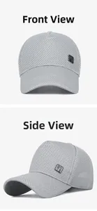 Front and side views of a grey breathable mesh baseball cap with metal logo plate