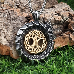 Mens Ouroboros dragon pendant necklace with golden tree of life on tree bark background