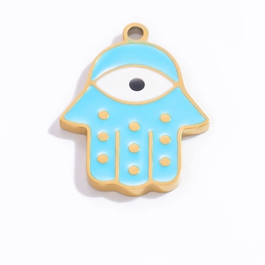 18k gold plated Hamsa pendant with sky blue enamel and evil eye symbol for jewelry making