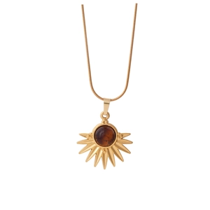 Bohemian sunburst pendant necklace with brown natural stone on gold snake chain