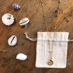Golden nautilus shell pendant necklace on bead chain with a cotton pouch on wood background