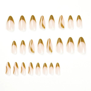 Set di 24 unghie finte French rosa nudo con punte metalliche ondulate color bronzo