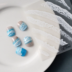 5D ocean wave embossed nail art stickers with light blue spindrift relief on white plate