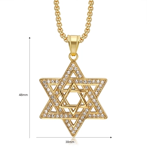 Detail showing 48mm by 38mm dimensions of a gold plated iced out Star of David pendant
