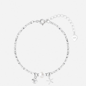 Silver starfish and seashell pearl bracelet with adjustable S925 sterling silver chain