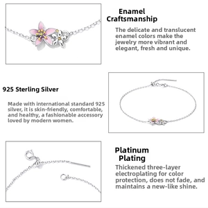 Detail of 925 sterling silver sakura bracelet with pink enamel and platinum plating