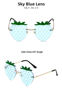 Detailed front and side views of sky blue strawberry-shaped sunglasses with green leaves