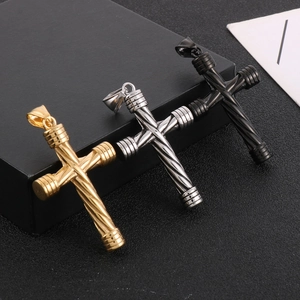 Men Cross Pendant Necklace Stainless Steel Twist Texture Industrial Vintage Style Religious Jewelry