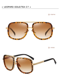 Detail view of leopard print square sunglasses with gold metal bar and tea gradient lenses