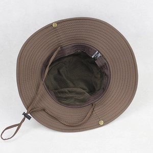 Detail of outdoor hiking hat with breathable mesh lining and windproof drawstring