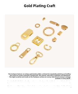 Detail of vintage gold-plated hardware kit featuring retro worn texture and D-rings