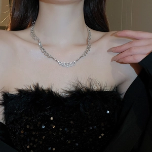 Detailed view of silver lace crown necklace with sparkling crystals on model's neck