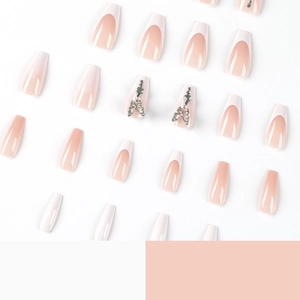 French press-on nails with white tips, pink gradient, 3D silver butterflies and rhinestones