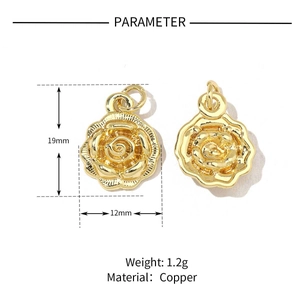 Golden rose flower charm in copper with 19mm x 12mm dimensions and 1.2g weight
