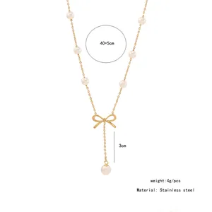 Detail of stainless steel bow necklace with pearls and specific length dimensions