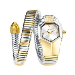 Detail of silver and gold serpent watch featuring a crystal-set bezel and white dial