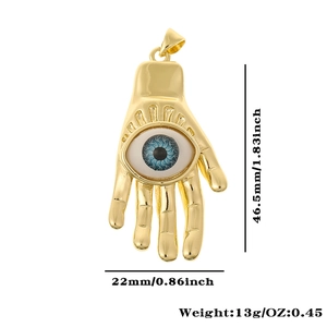 Detailed view of Hamsa Hand pendant with blue zircon eye and precise measurements