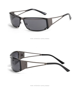 Macro detail of silver hollow temples on retro Y2K sunglasses with dark grey lenses