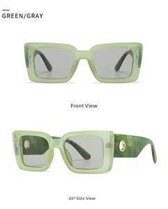 Front and 45-degree side view of green rectangle sunglasses with marble texture temples